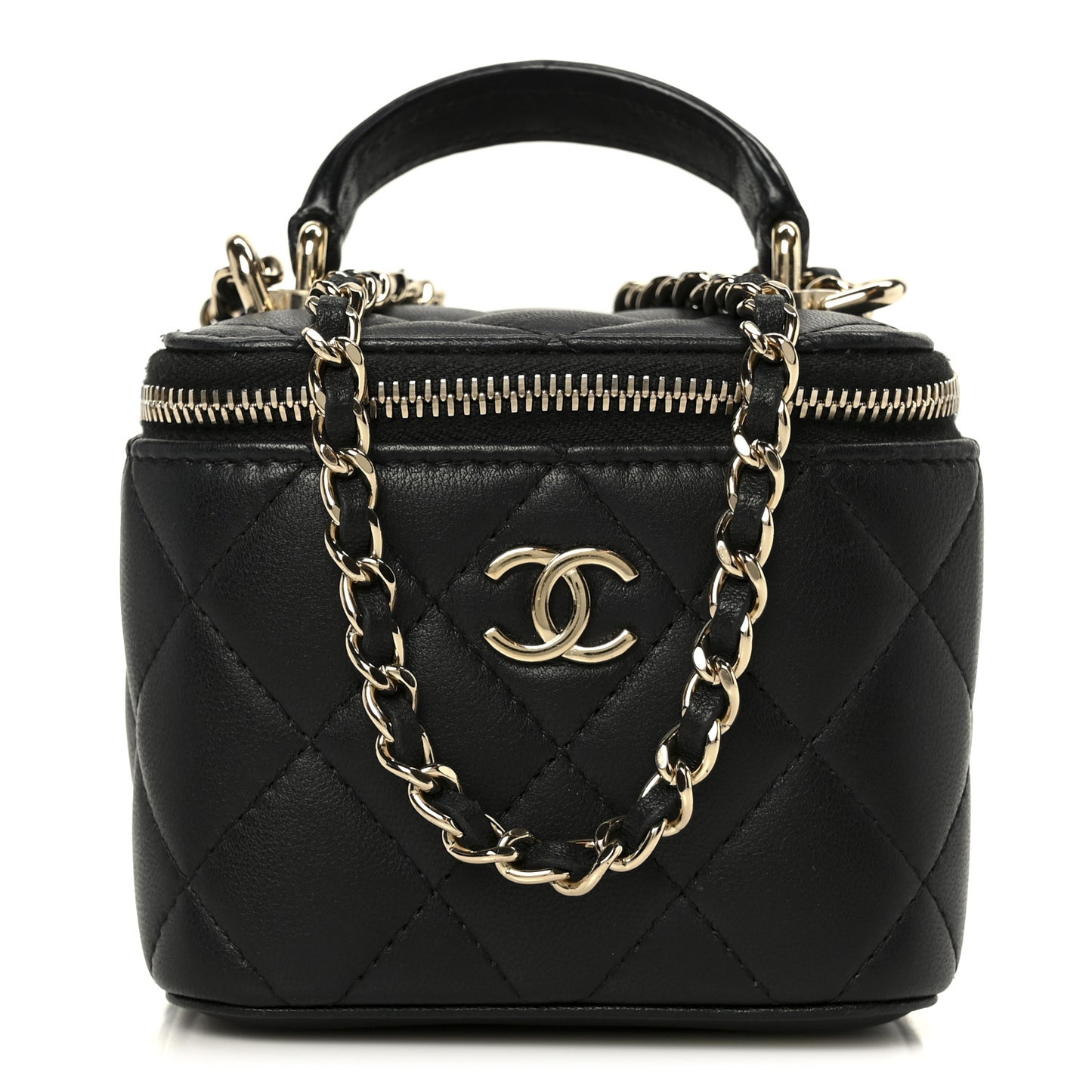 Lambskin Quilted Top Handle Mini Vanity Case With Chain Black