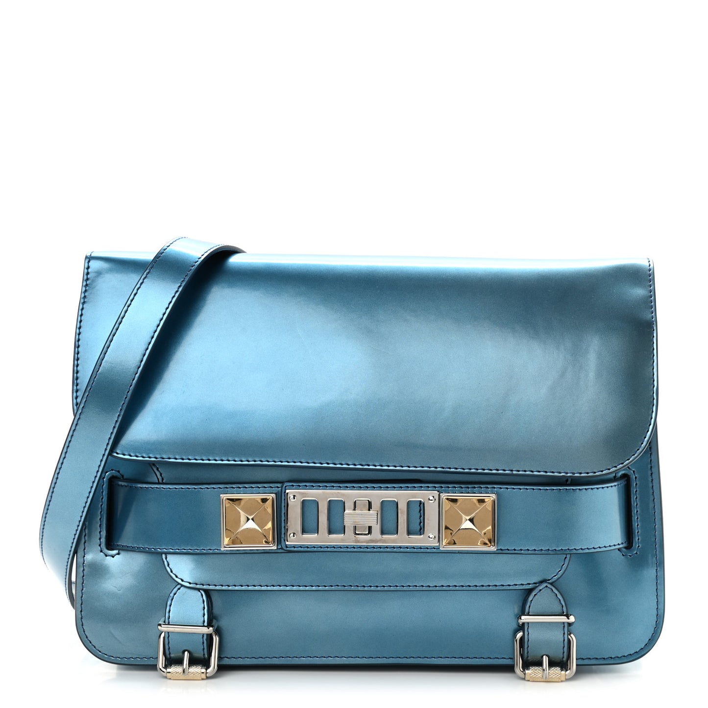 Metallic Patent PS11 Classic Shoulder Bag Ocean Blue