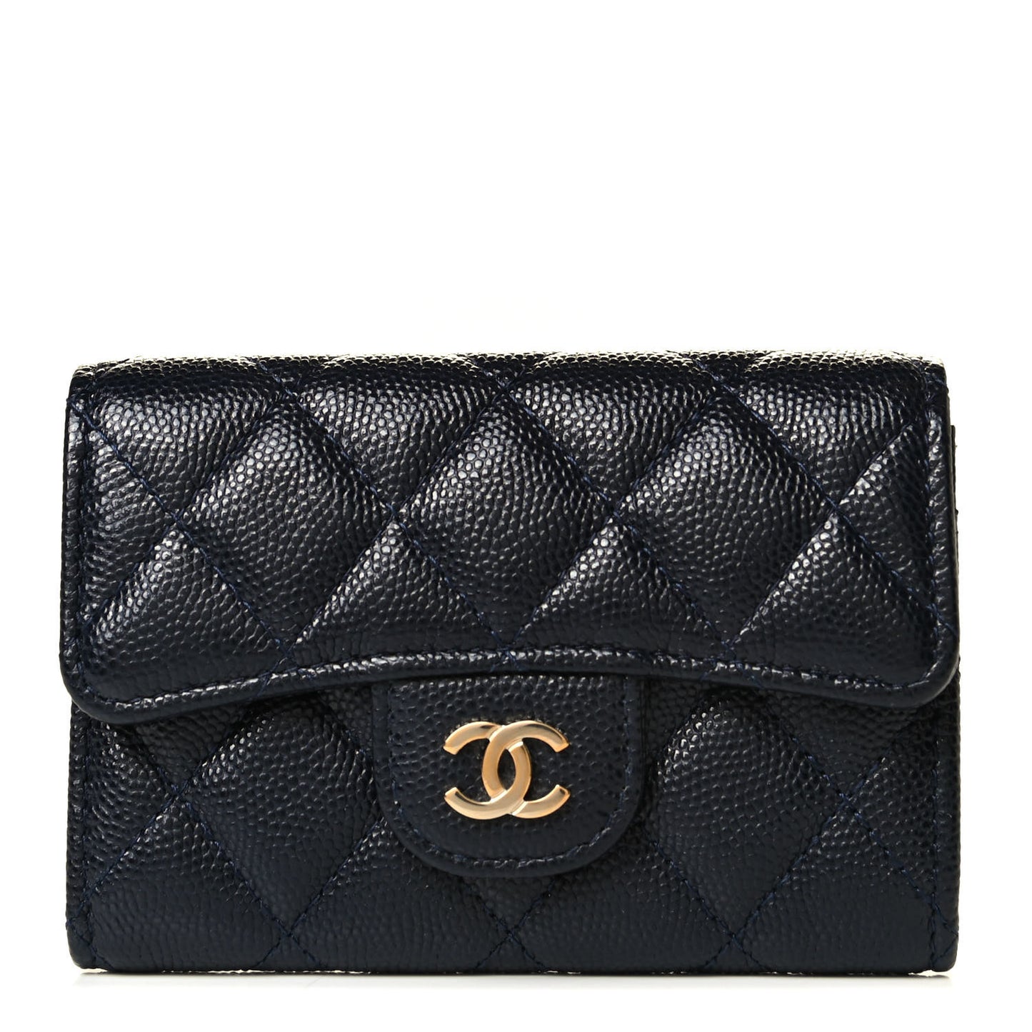 Caviar Quilted Flap Card Holder Wallet Navy Blue