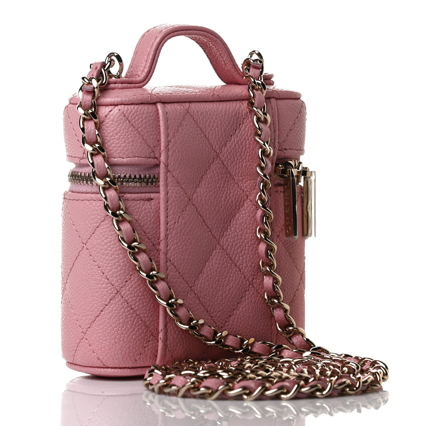 Caviar Quilted Small Handle With Care Vanity Case With Chain Pink