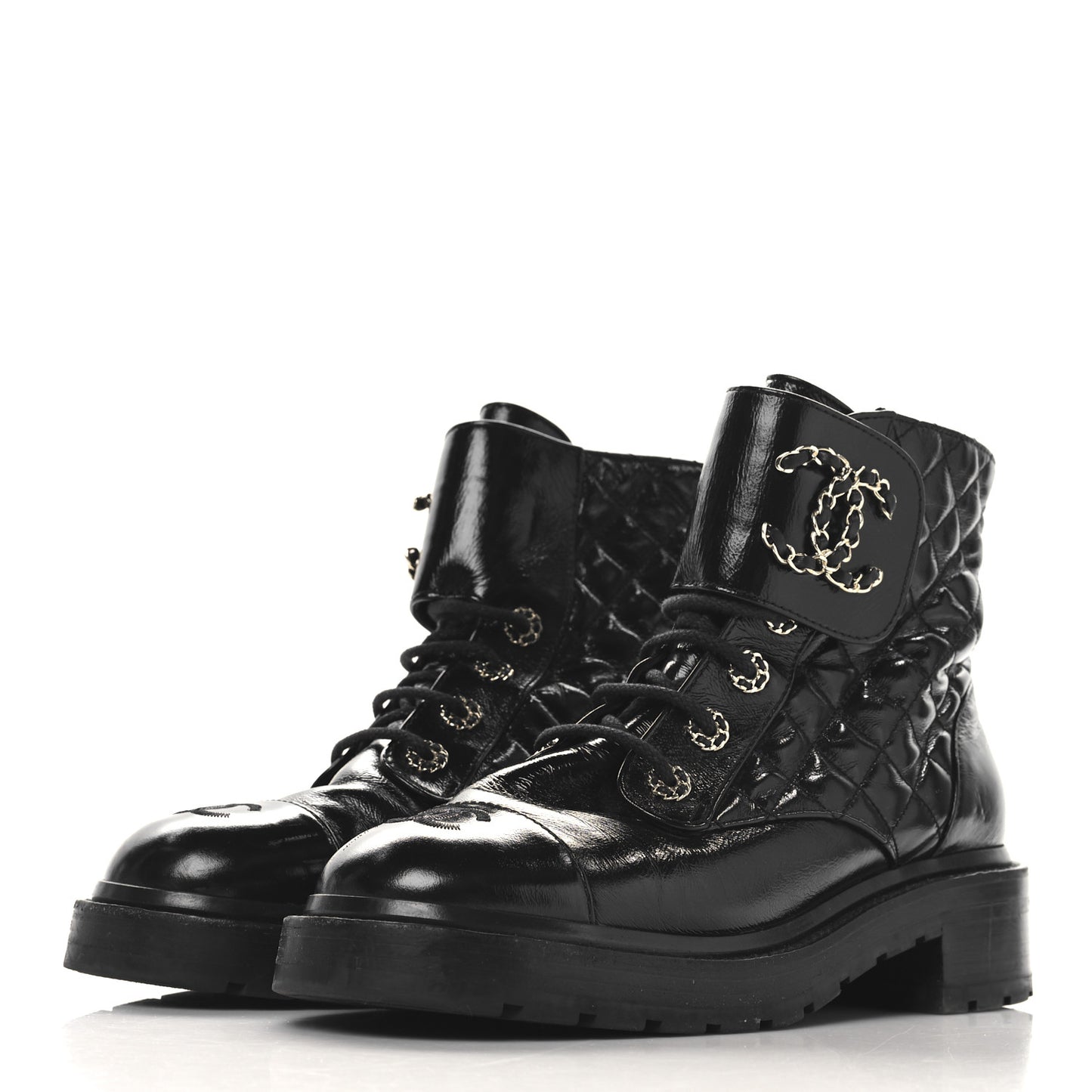 Crumpled Patent Lambskin Calfskin Quilted Lace Up Combat Boots 39.5 Black