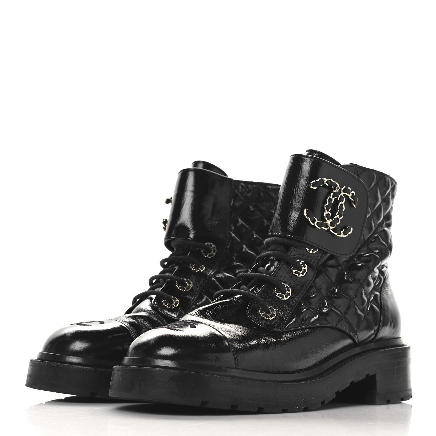 Chanel Crumpled Patent Lambskin Calfskin Quilted Lace Up Combat Boots 39.5 Black 4 of 7