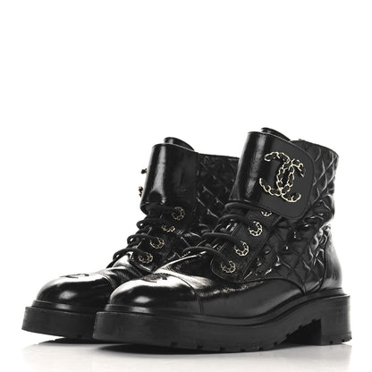 Chanel Crumpled Patent Lambskin Calfskin Quilted Lace Up Combat Boots 39.5 Black 4 of 7