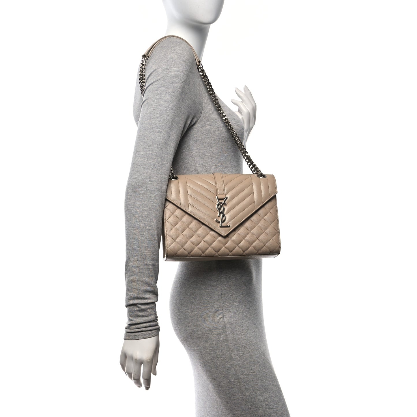 Grain De Poudre Textured Mixed Matelasse Medium Triquilt Monogram Satchel Dark Beige