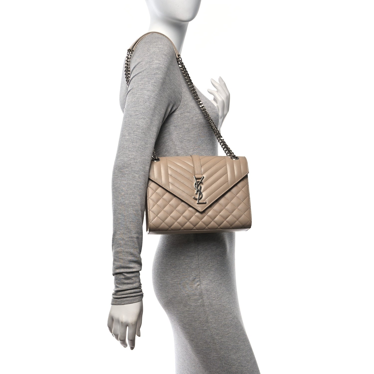 Saint Laurent Grain De Poudre Textured Mixed Matelasse Medium Triquilt Monogram Satchel Dark Beige 2 of 10