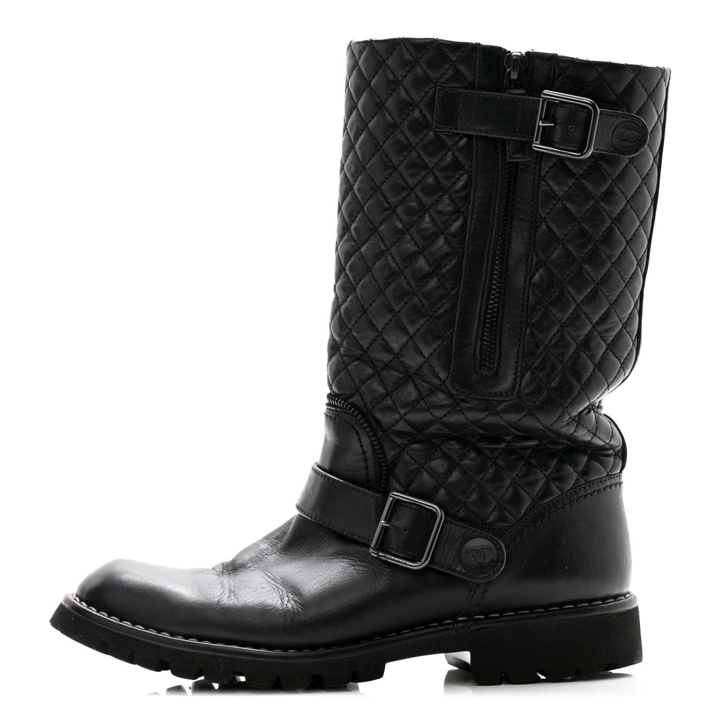 Calfskin Quilted Biker Boots 40 Black