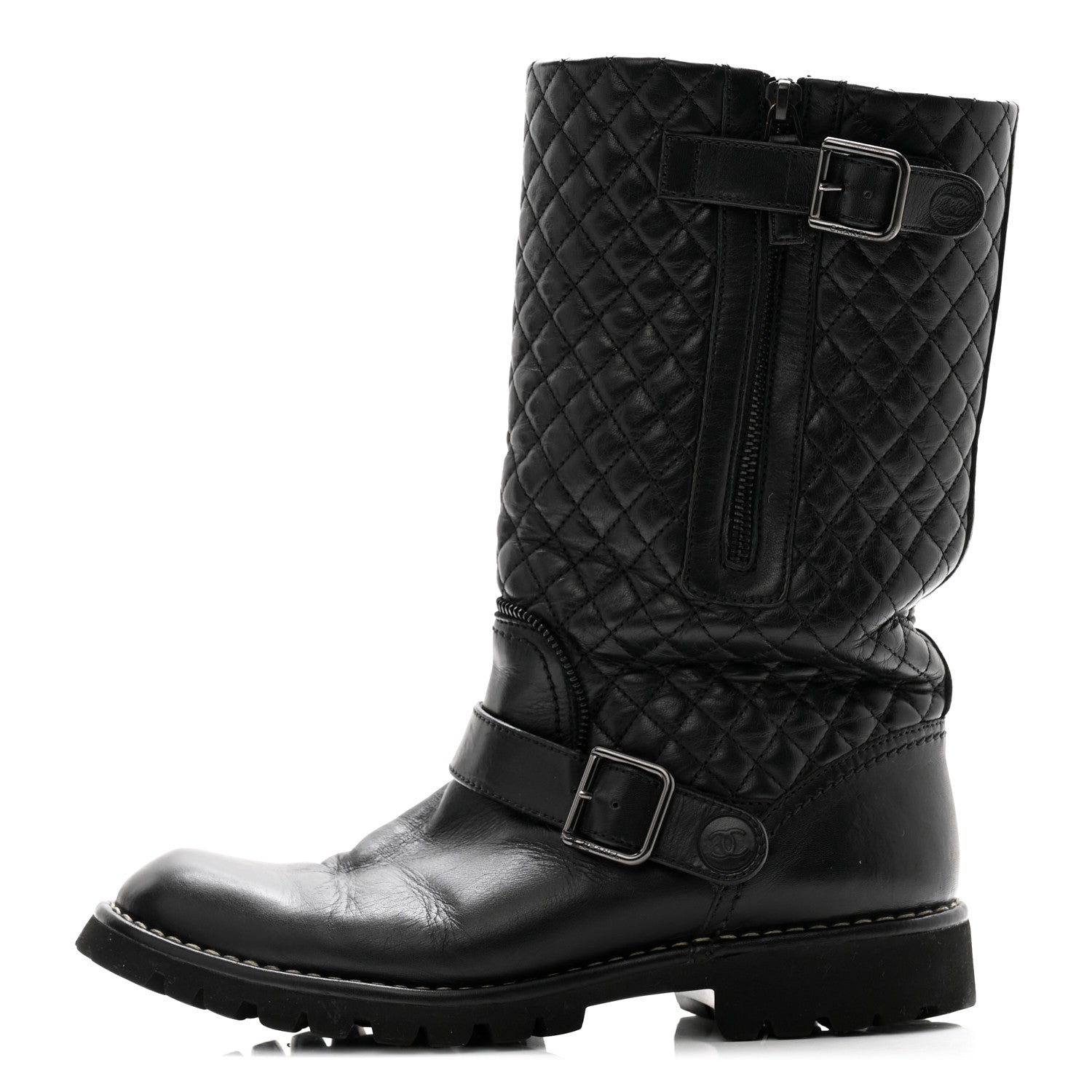 Chanel Calfskin Quilted Biker Boots 40 Black 1 of 11