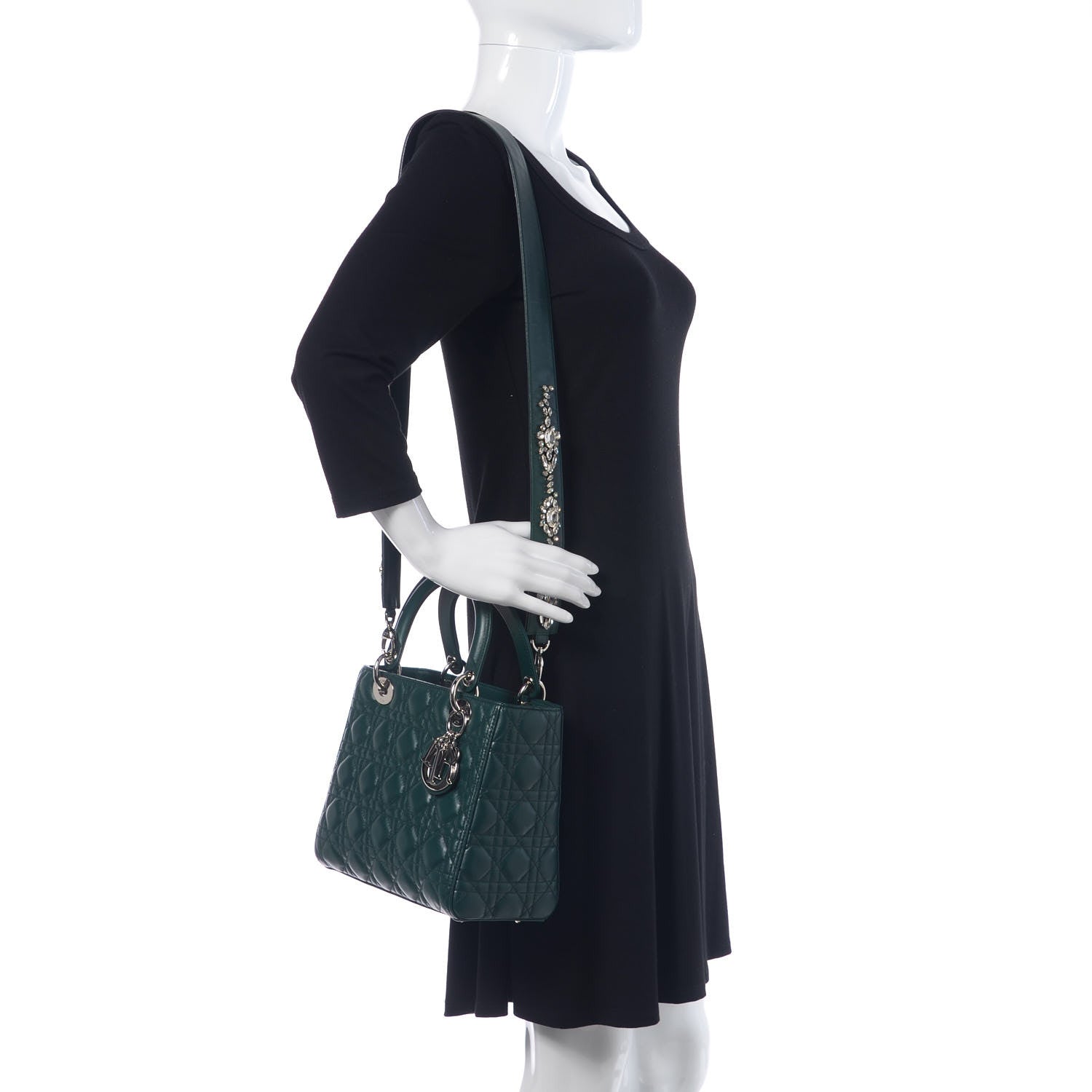 Christian Dior Lambskin Cannage Medium Lady Dior Crystal Strap Green 2 of 11