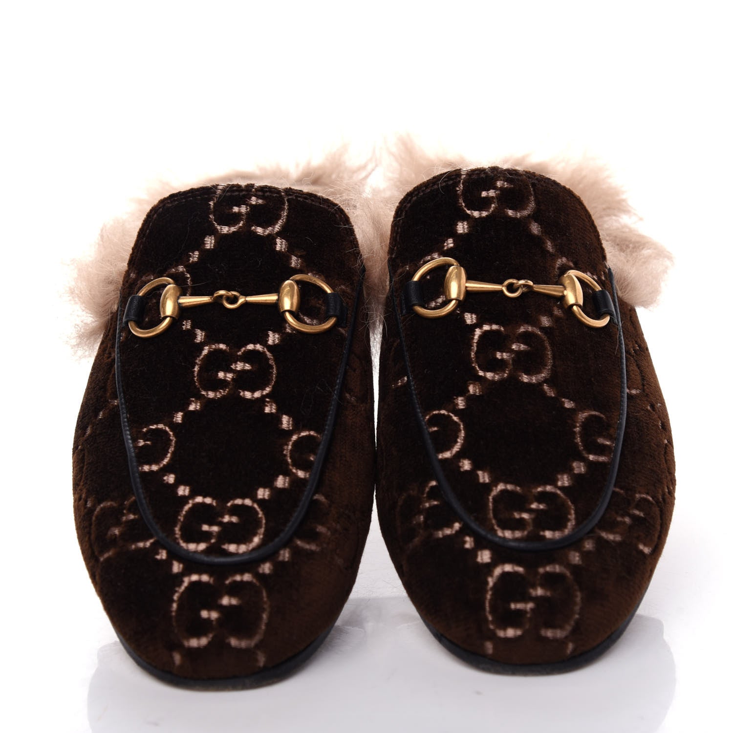 Gucci Velvet GG Monogram Fur Womens Princetown Slippers 36 Brown Black Natural 5 of 10