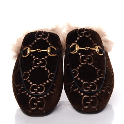 Gucci Velvet GG Monogram Fur Womens Princetown Slippers 36 Brown Black Natural 5 of 10