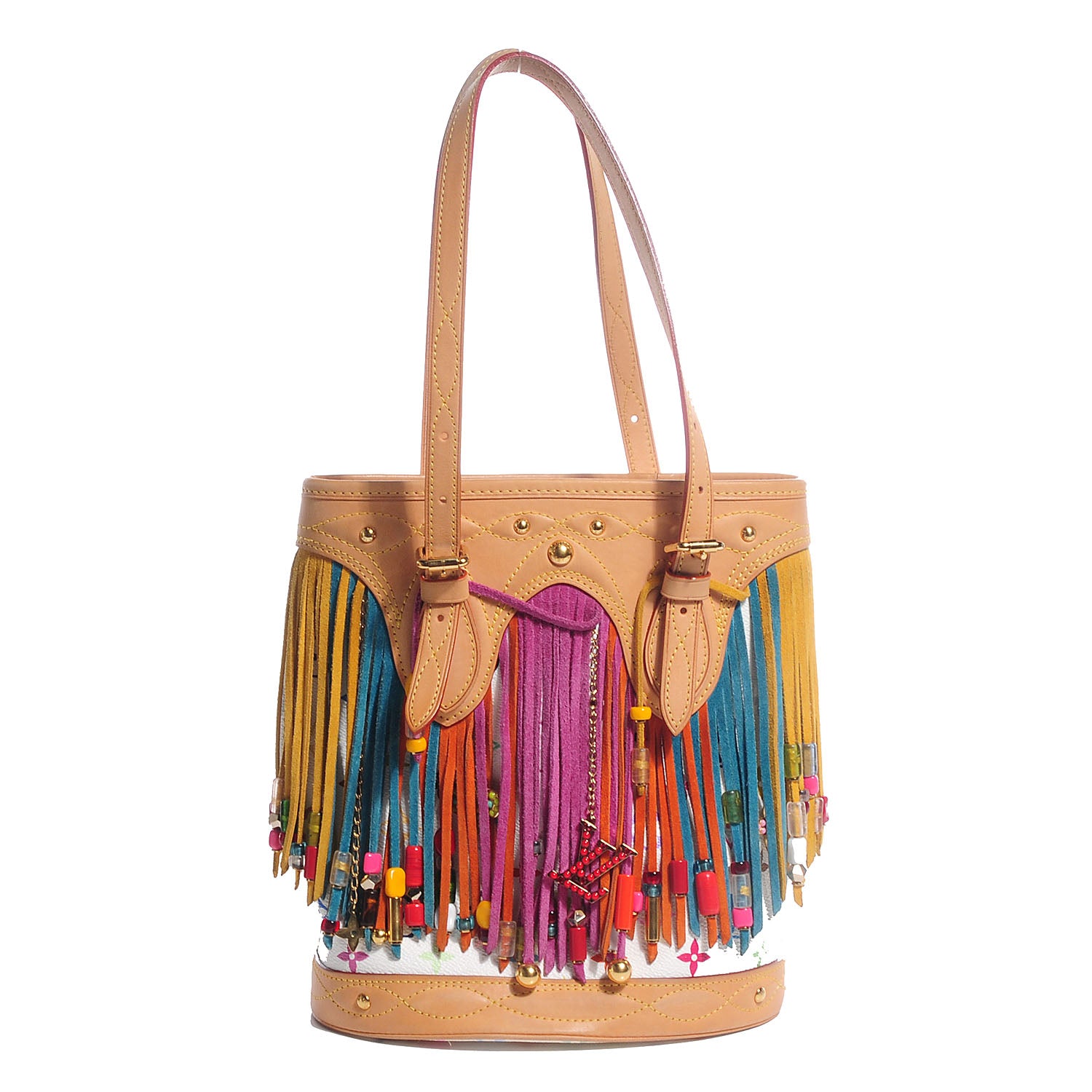 Louis Vuitton Monogram Multicolor Fringe Bucket with Accessories Pouch White 1 of 8