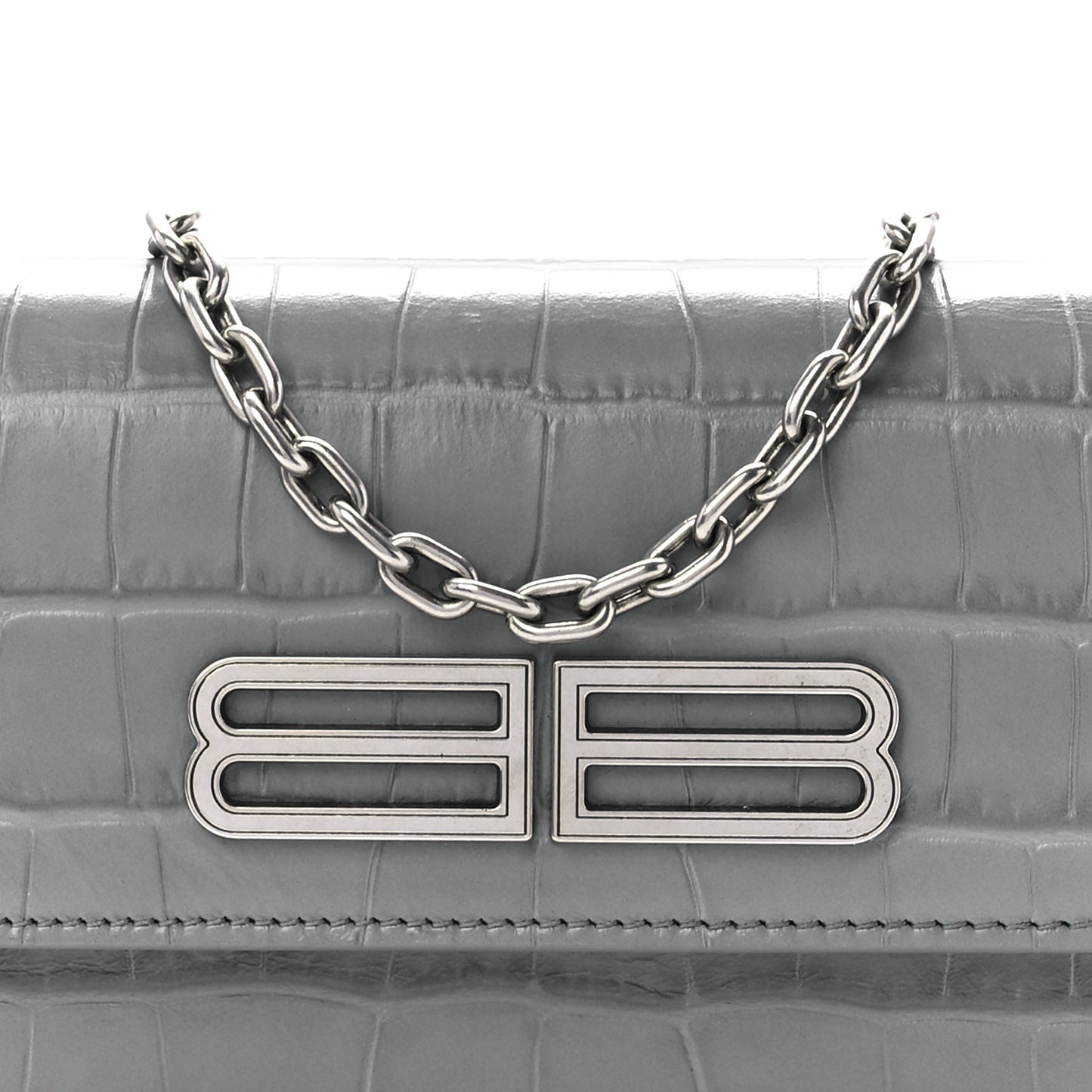 Extra Supple Calfskin Crocodile Embossed Gossip Wallet On Chain Balenciaga Grey