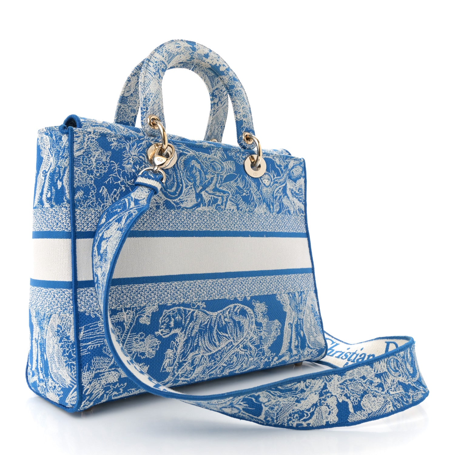 Christian Dior Toile de Jouy Embroidered Large Lady D-Lite Fluorescent Blue 3 of 14