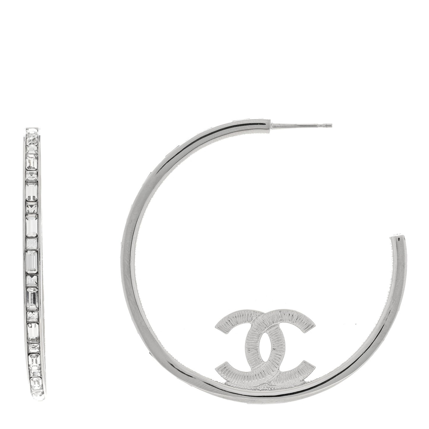 Metal Crystal Baguette CC Large Hoop Earrings Silver