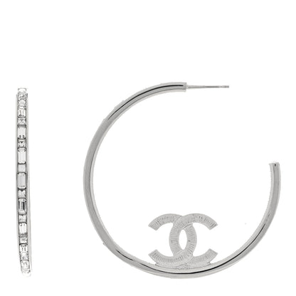 Chanel Metal Crystal Baguette CC Large Hoop Earrings Silver 1 of 4