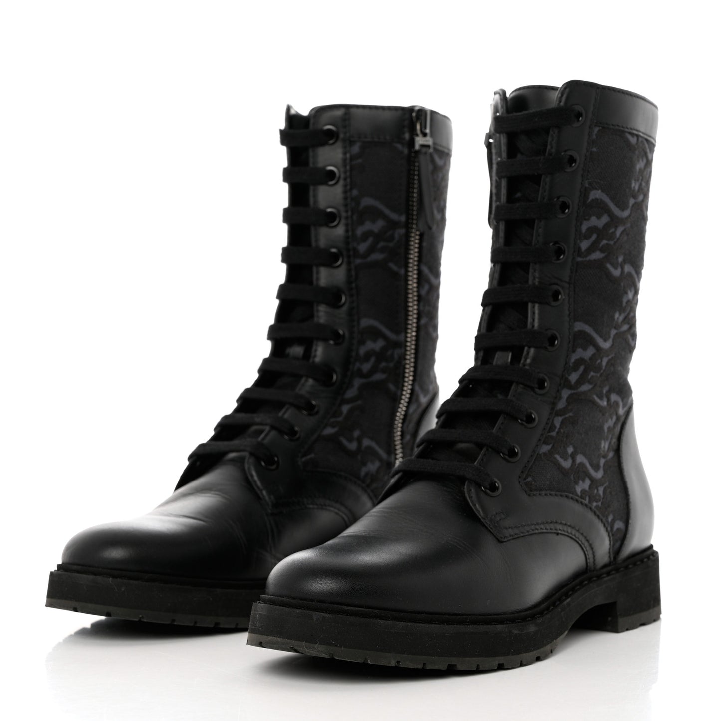 Vitello Fabric Jacquard Karligraphy Embroidered Womens Combat Boots 37.5 Black