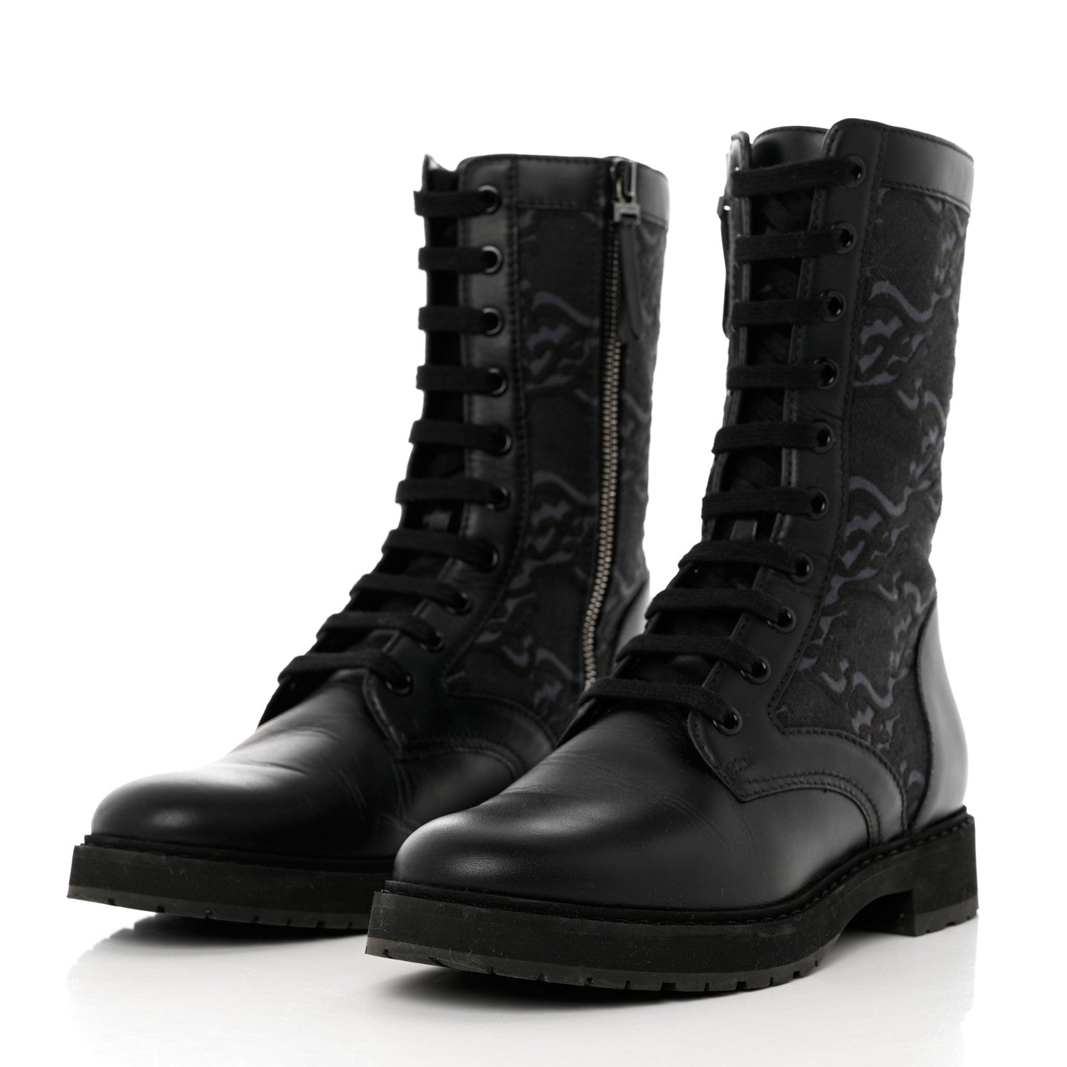 Fendi Vitello Fabric Jacquard Karligraphy Embroidered Womens Combat Boots 37.5 Black 3 of 10