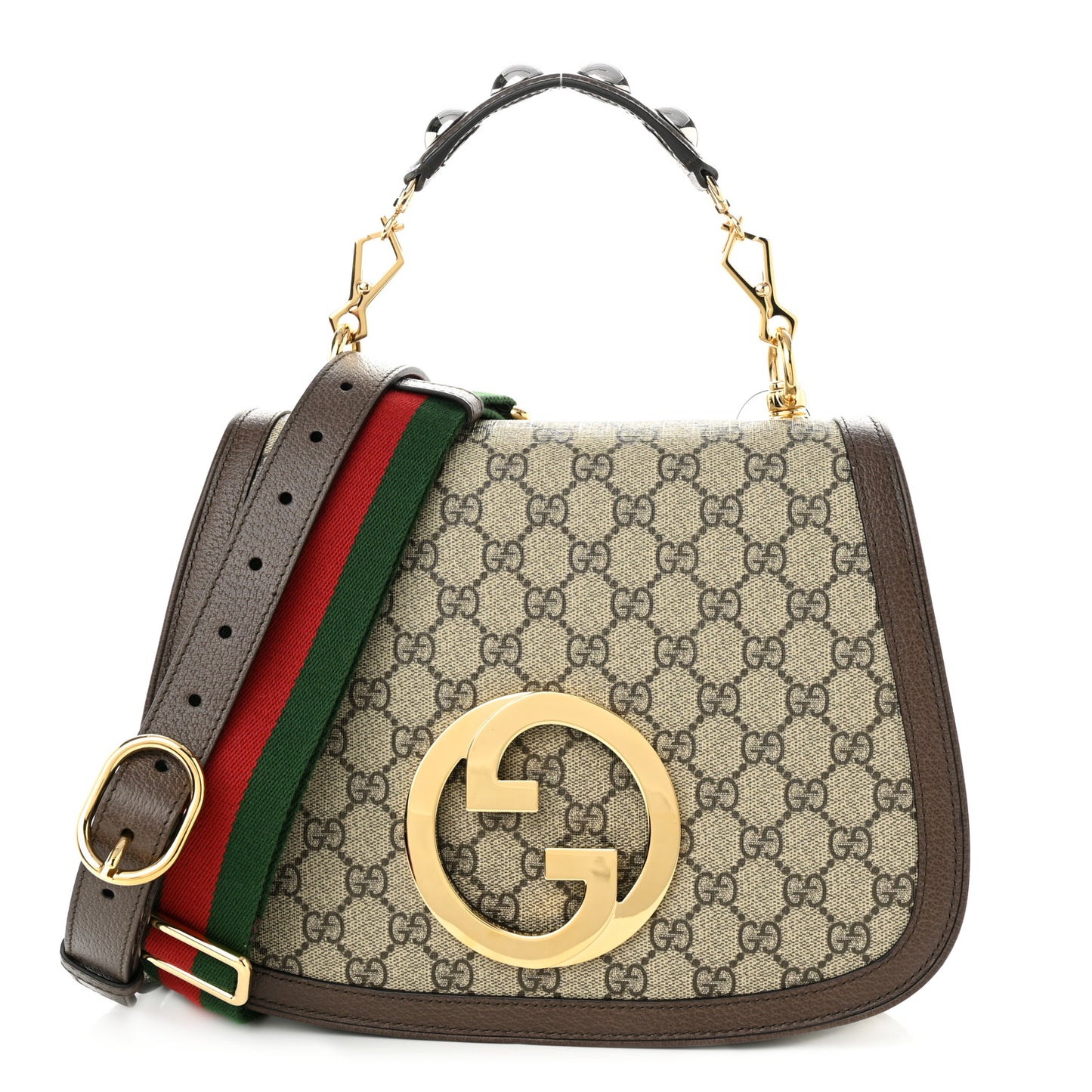 GG Supreme Monogram Textured Dollar Calfskin Web Medium Blondie Top Handle Shoulder Flap Bag Beige Ebony New Acero