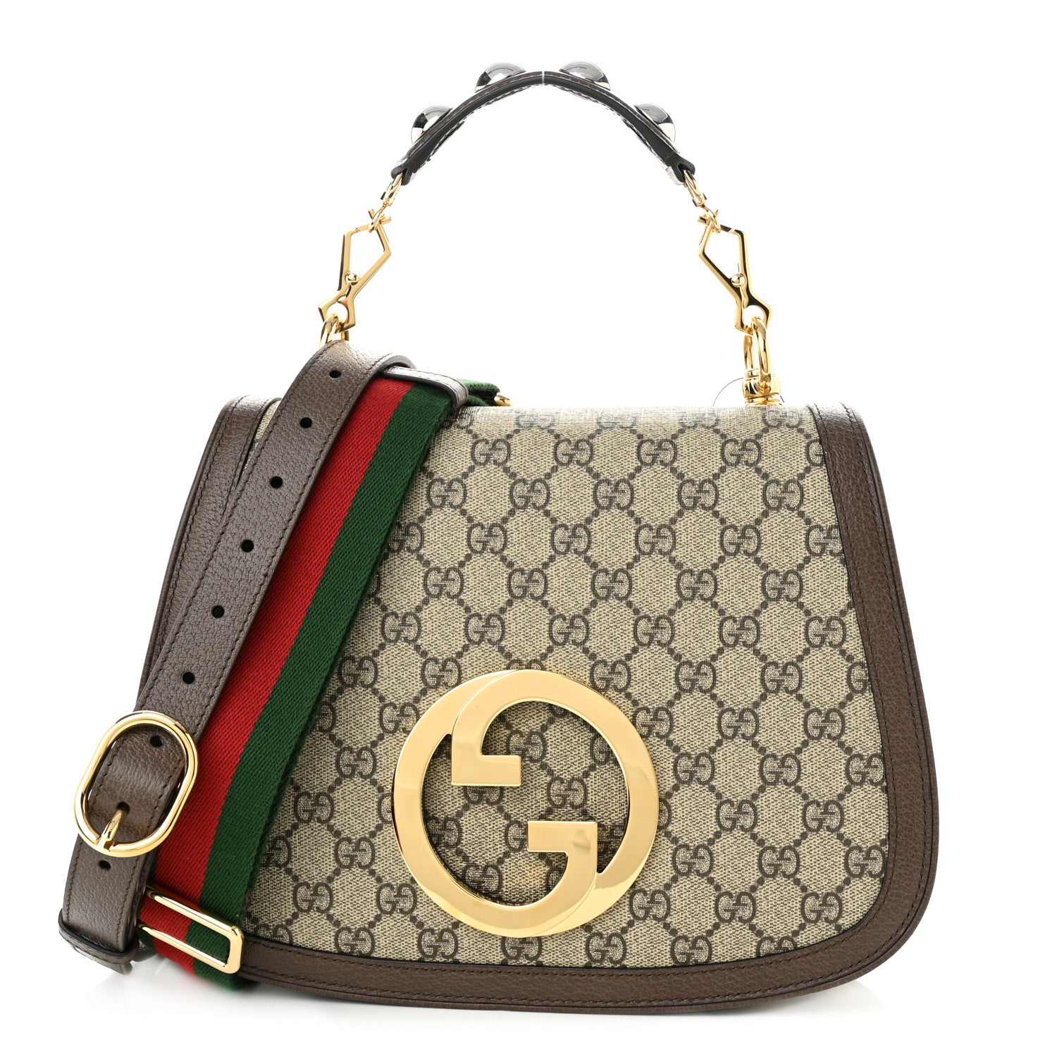 Gucci GG Supreme Monogram Textured Dollar Calfskin Web Medium Blondie Top Handle Shoulder Flap Bag Beige Ebony New Acero 1 of 11