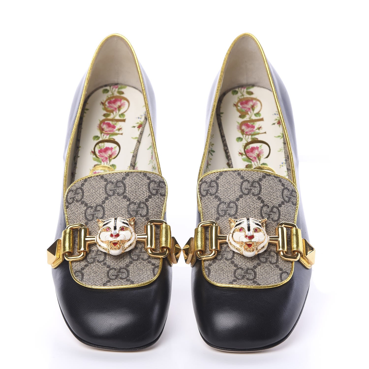Gucci Malaga Kid Nappa GG Supreme Monogram Tiger Head Mid Heel Loafer Pumps 37 Black Oro Vecchio Beige 5 of 11