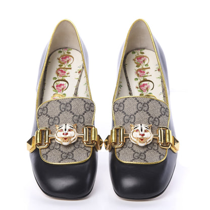 Gucci Malaga Kid Nappa GG Supreme Monogram Tiger Head Mid Heel Loafer Pumps 37 Black Oro Vecchio Beige 5 of 11
