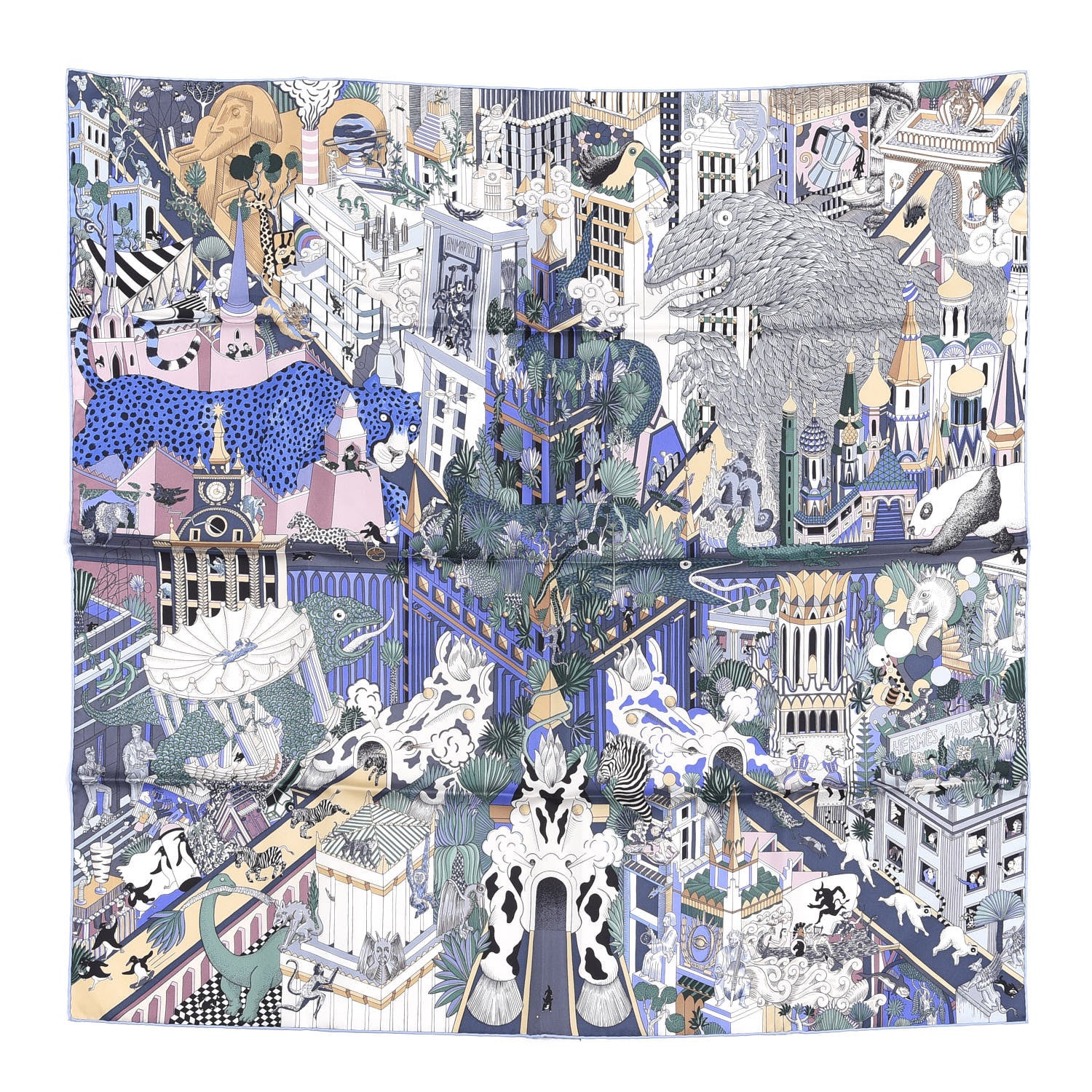 Hermes Silk Animapolis Scarf 90 Bleu Gris Vieux Rose 1 of 4