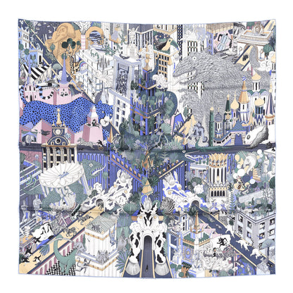 Hermes Silk Animapolis Scarf 90 Bleu Gris Vieux Rose 1 of 4