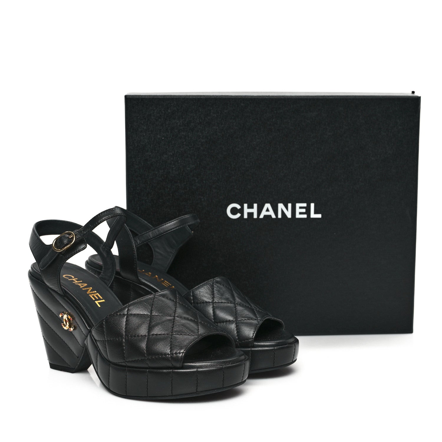 Chanel Lambskin Quilted Peep Toe Wedge Sandals 37 Black 11 of 11