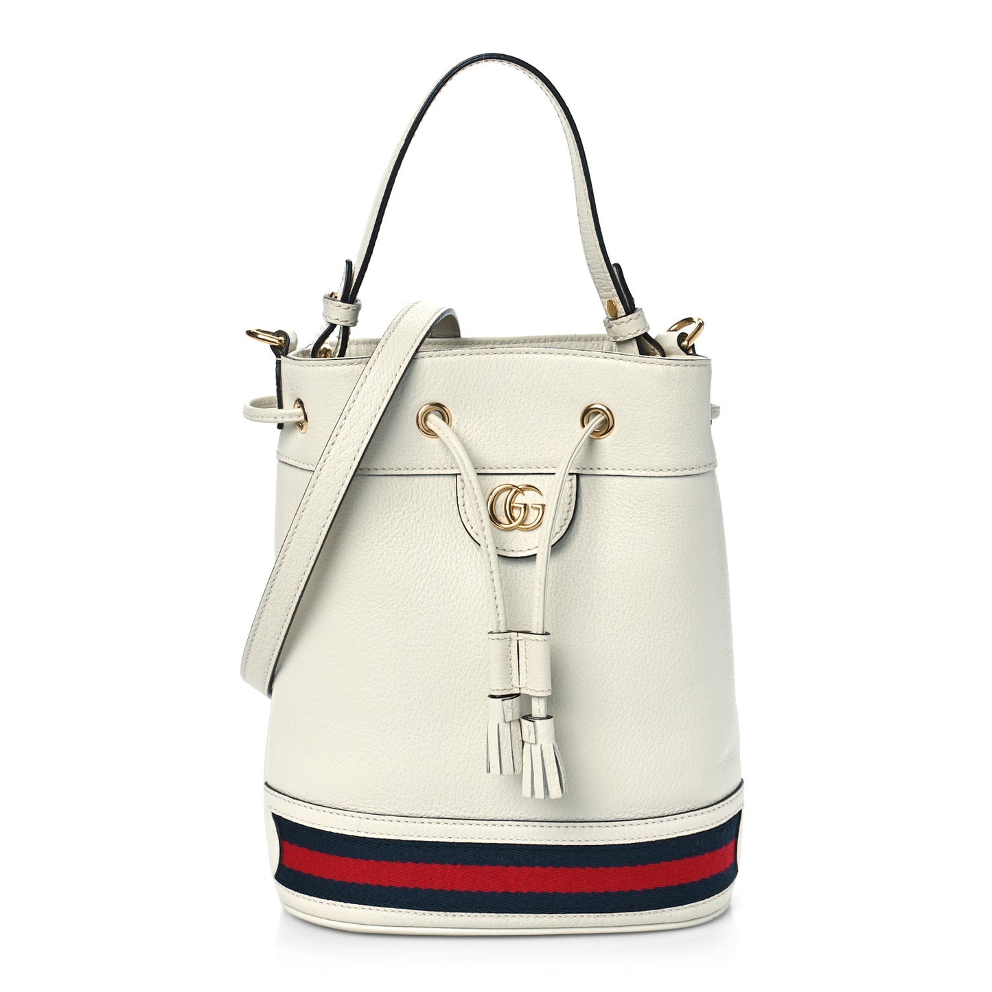 Glazed Textured Calfskin Web Small Ophidia Bucket Bag Mystic White