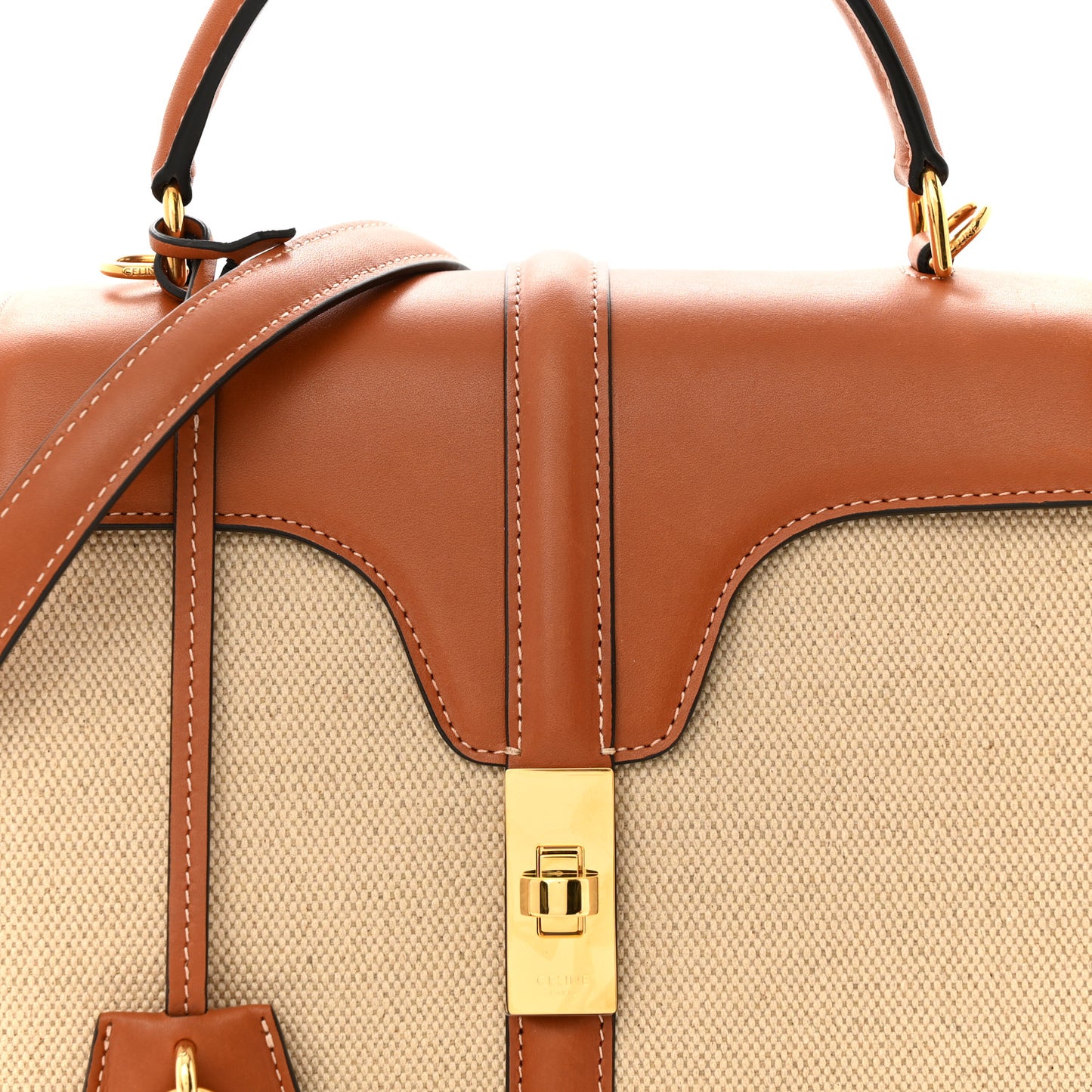 Canvas Calfskin Small 16 Top Handle Bag Natural Tan