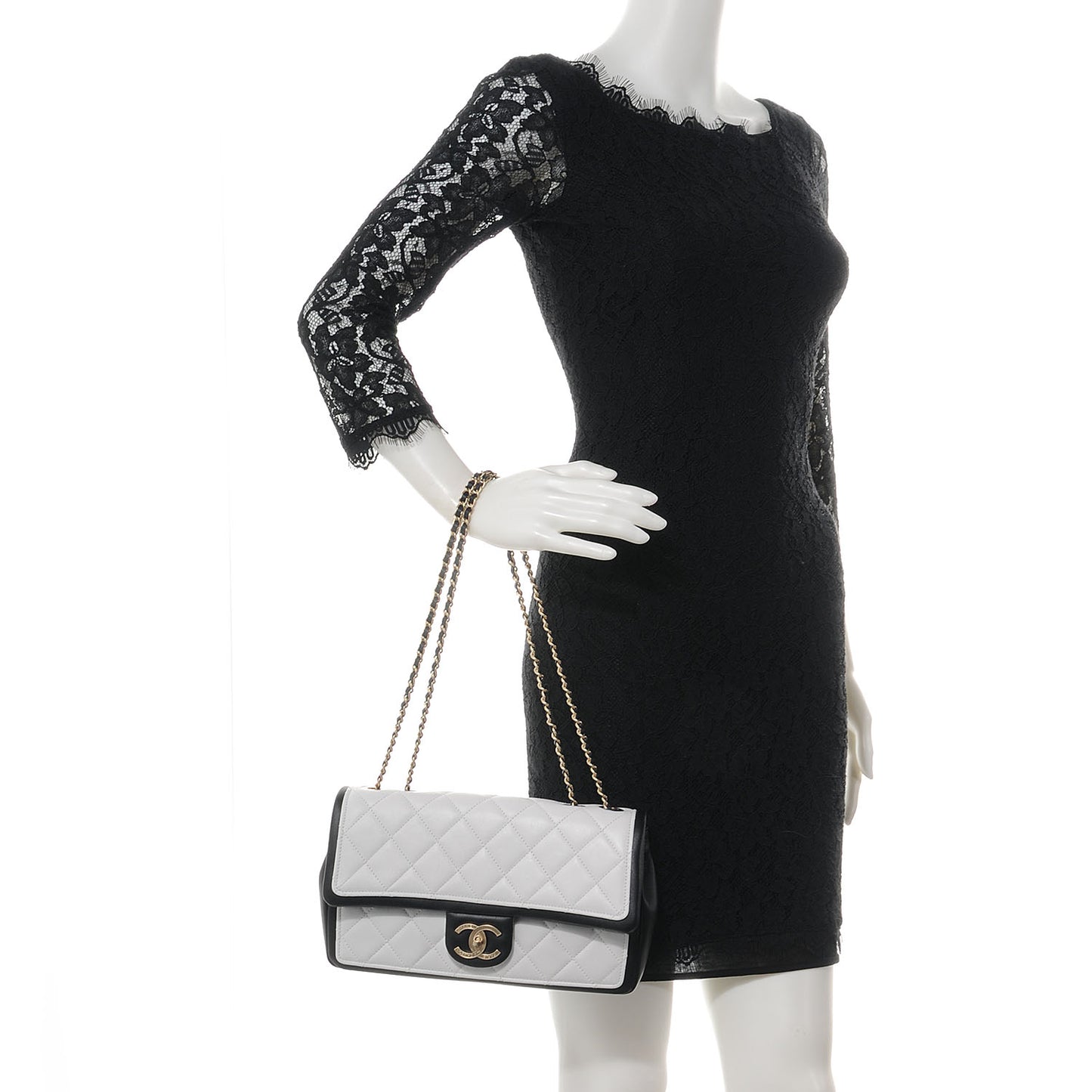 Calfskin Quilted Graphic Flap Bag Black White