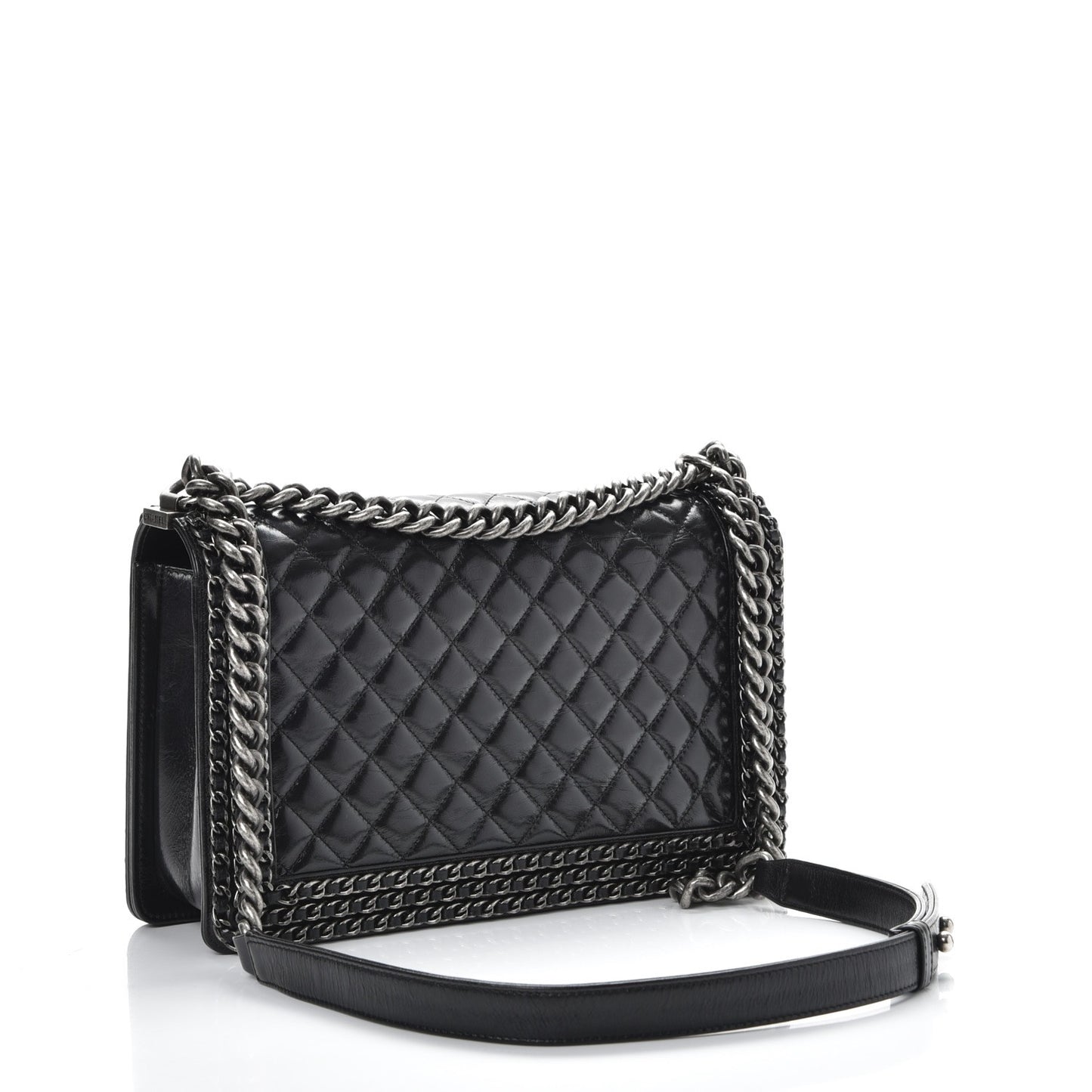 Glazed Calfskin Quilted New Medium Boy Chained Flap Black