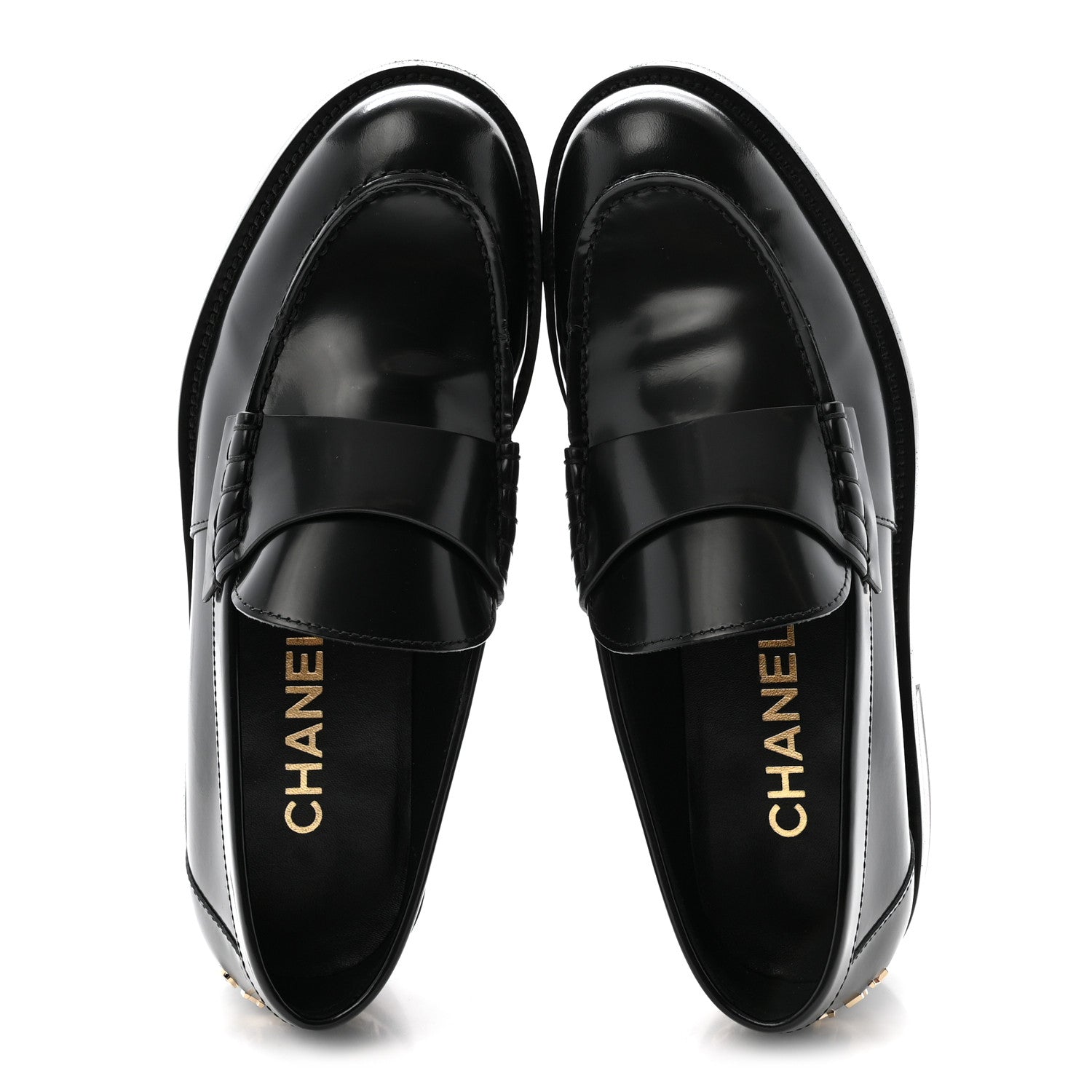 Chanel Shiny Calfskin Logo Loafers 37.5 Black 2 of 9
