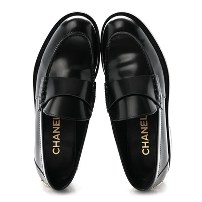 Chanel Shiny Calfskin Logo Loafers 37.5 Black 2 of 9