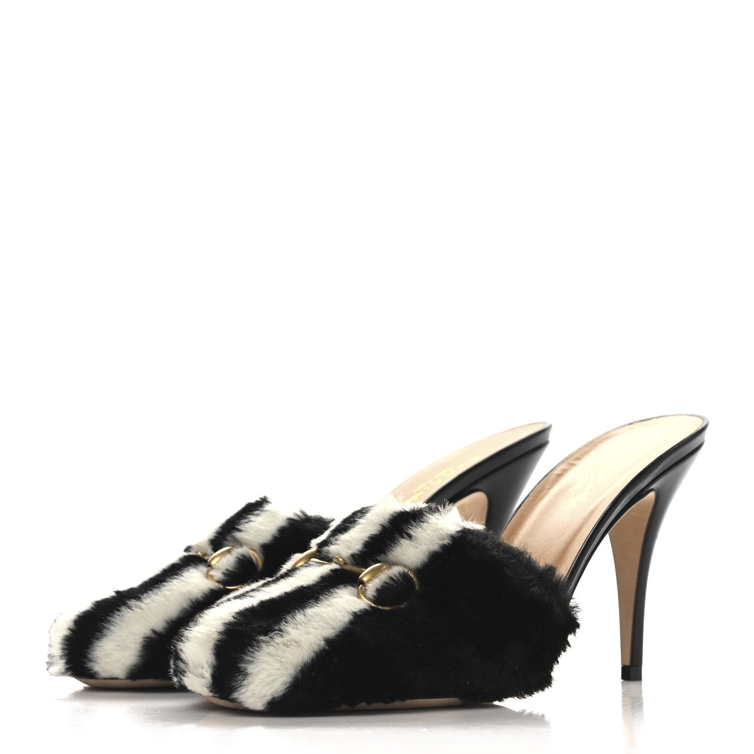 Gucci X ADIDAS Malaga Kid Fur Horsebit High Heel Mules 39.5 Black White 4 of 11