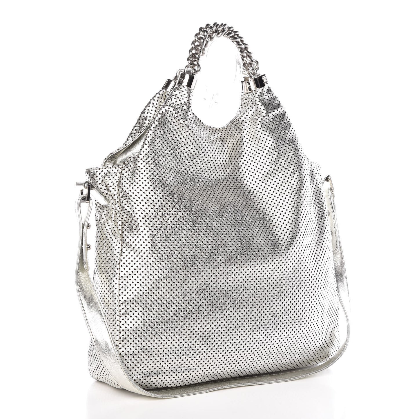 Metallic Glazed Calfskin Perforated Medium Rodeo Drive Tote Silver
