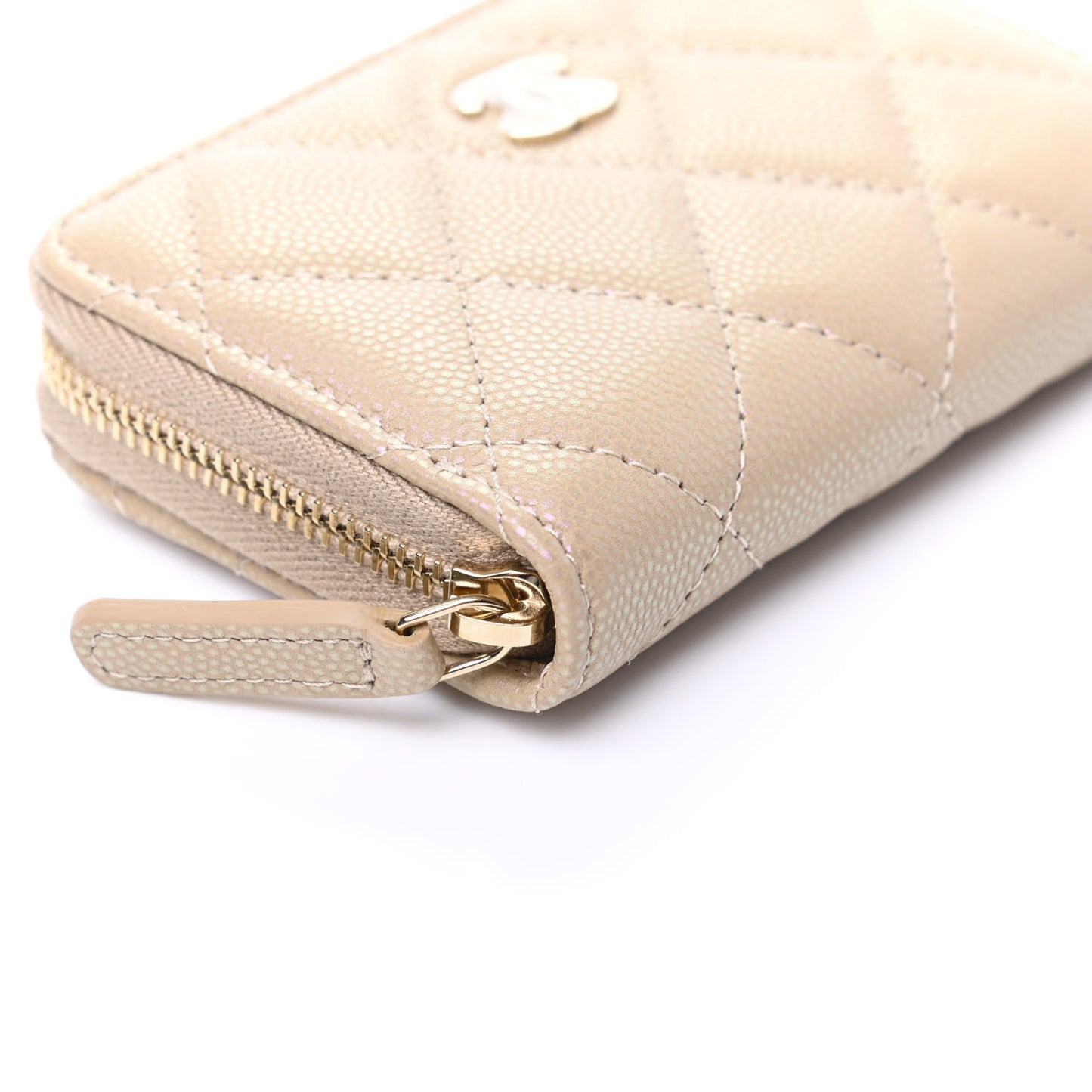 Iridescent Caviar Quilted Zip Around Coin Purse Beige