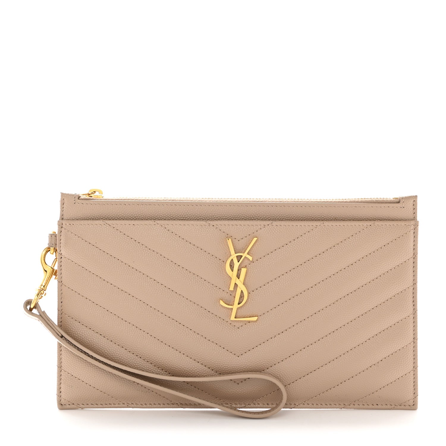 Saint Laurent Grain De Poudre Chevron Monogram Large Bill Pouch Dark Beige 1 of 9