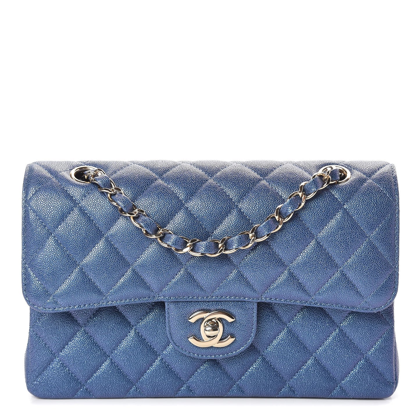 Iridescent Caviar Quilted Small Double Flap Dark Blue