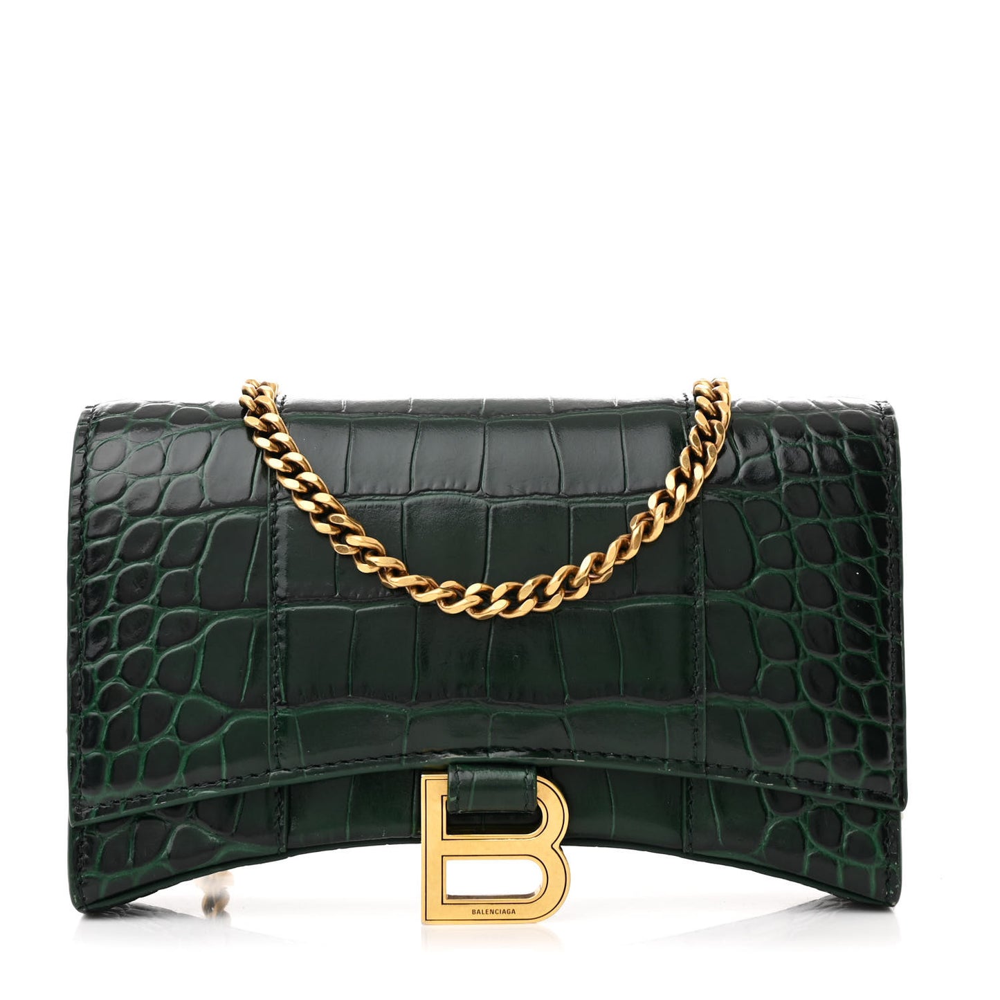 Shiny Calfskin Crocodile Embossed Hourglass Chain Bag Forest Green