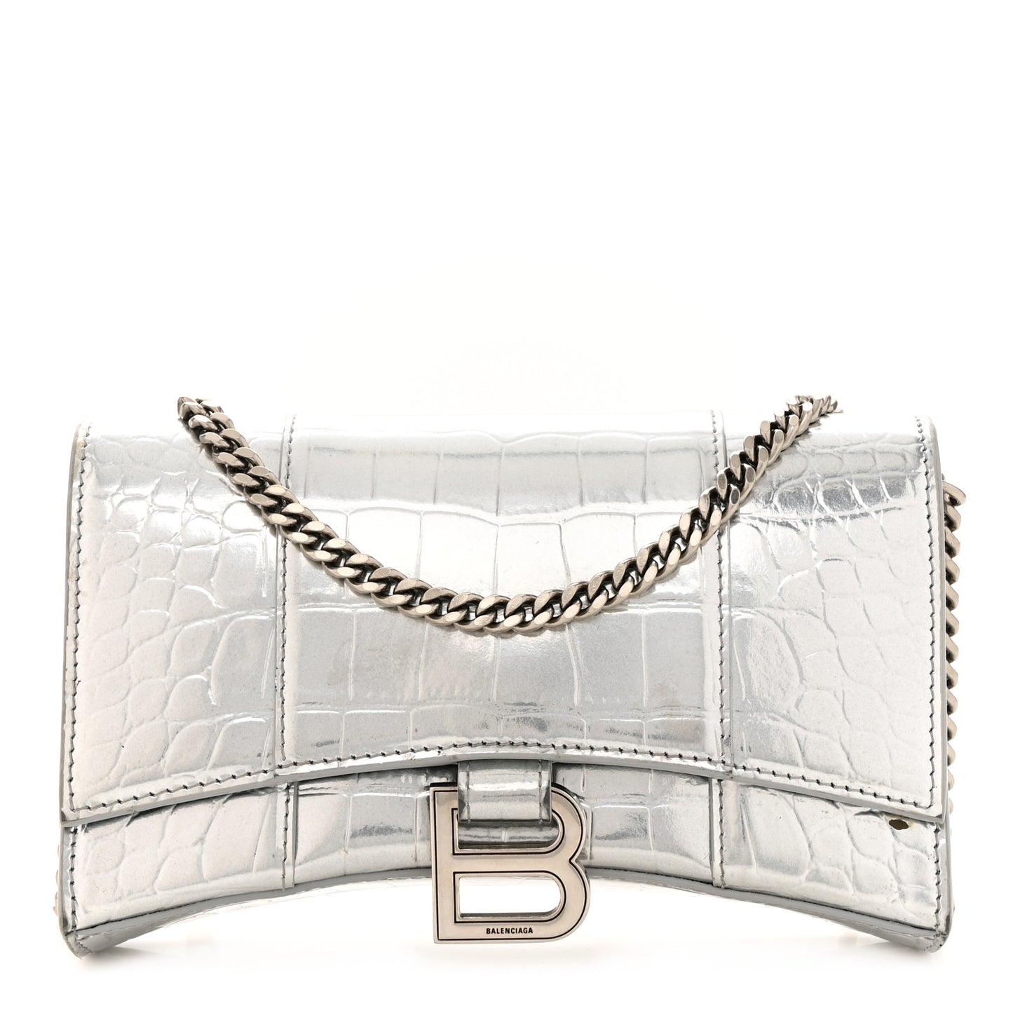 Metallic Calfskin Crocodile Embossed Hourglass Chain Bag Silver