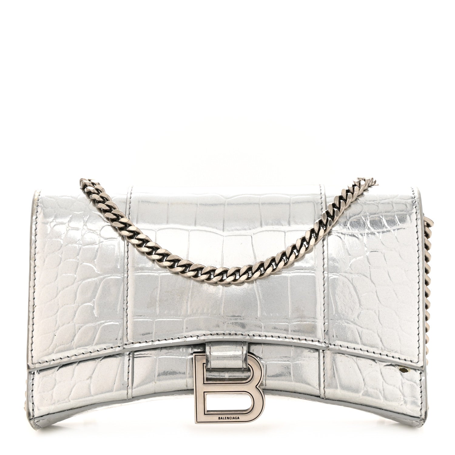 Balenciaga Metallic Calfskin Crocodile Embossed Hourglass Chain Bag Silver 1 of 13