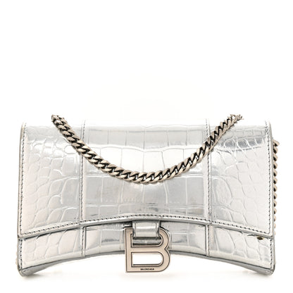 Balenciaga Metallic Calfskin Crocodile Embossed Hourglass Chain Bag Silver 1 of 13