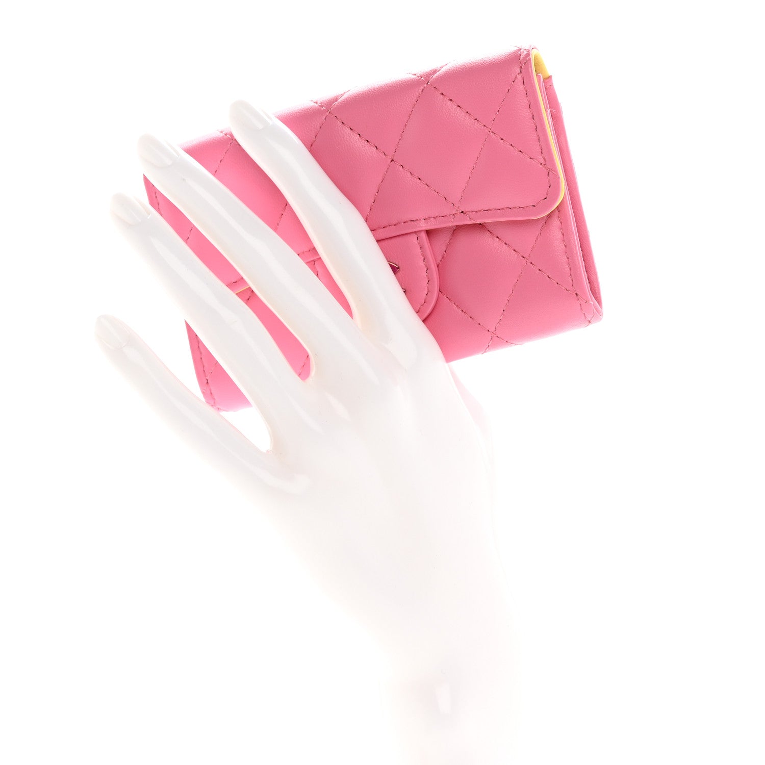 Chanel Lambskin Quilted Flap Card Holder Wallet Pink Yellow 2 of 12