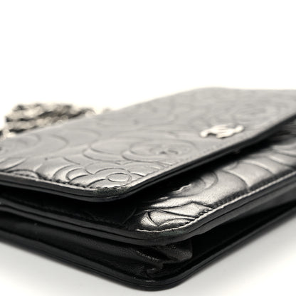 Chanel Lambskin Camellia Embossed Wallet On Chain WOC Black 10 of 11