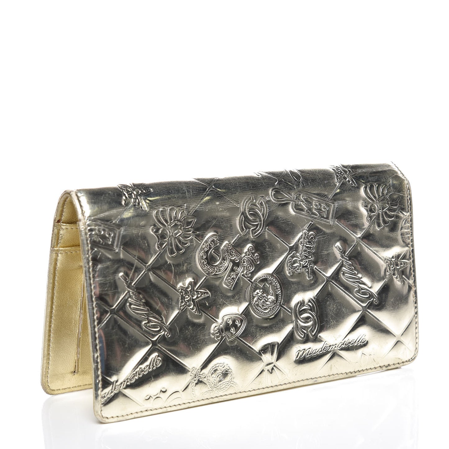 Metallic Patent Calfskin Quilted Lucky Symbols Yen Wallet Gold