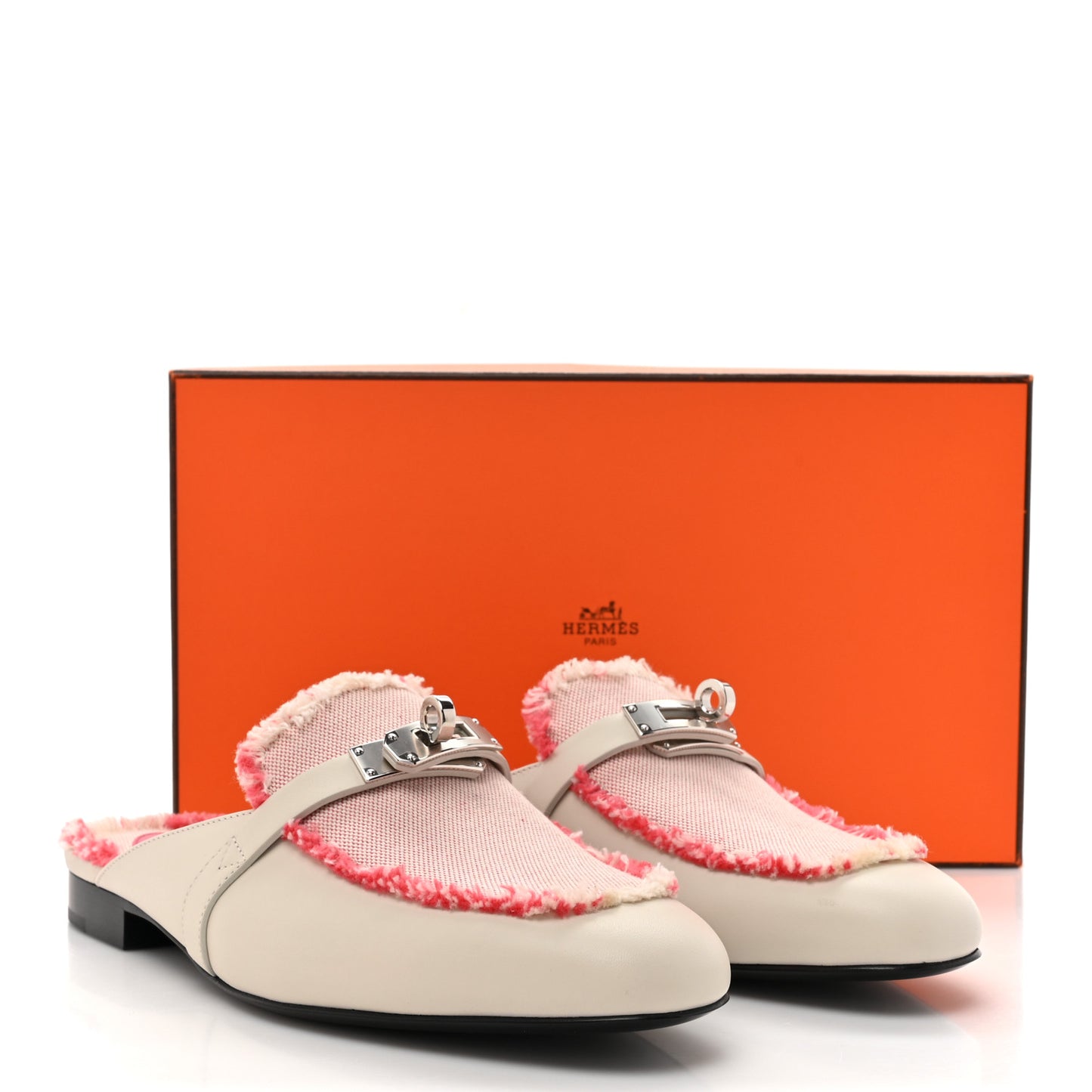 Calfskin Fringed H Canvas Oz Mules 36 Beige Glaise Framboise