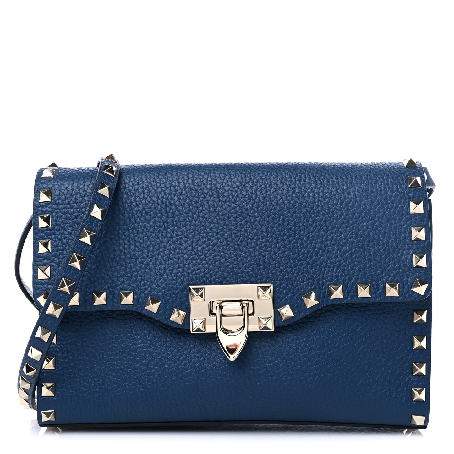 Pebbled Calfskin Medium Rockstud Flip Lock Crossbody Bag Peacock