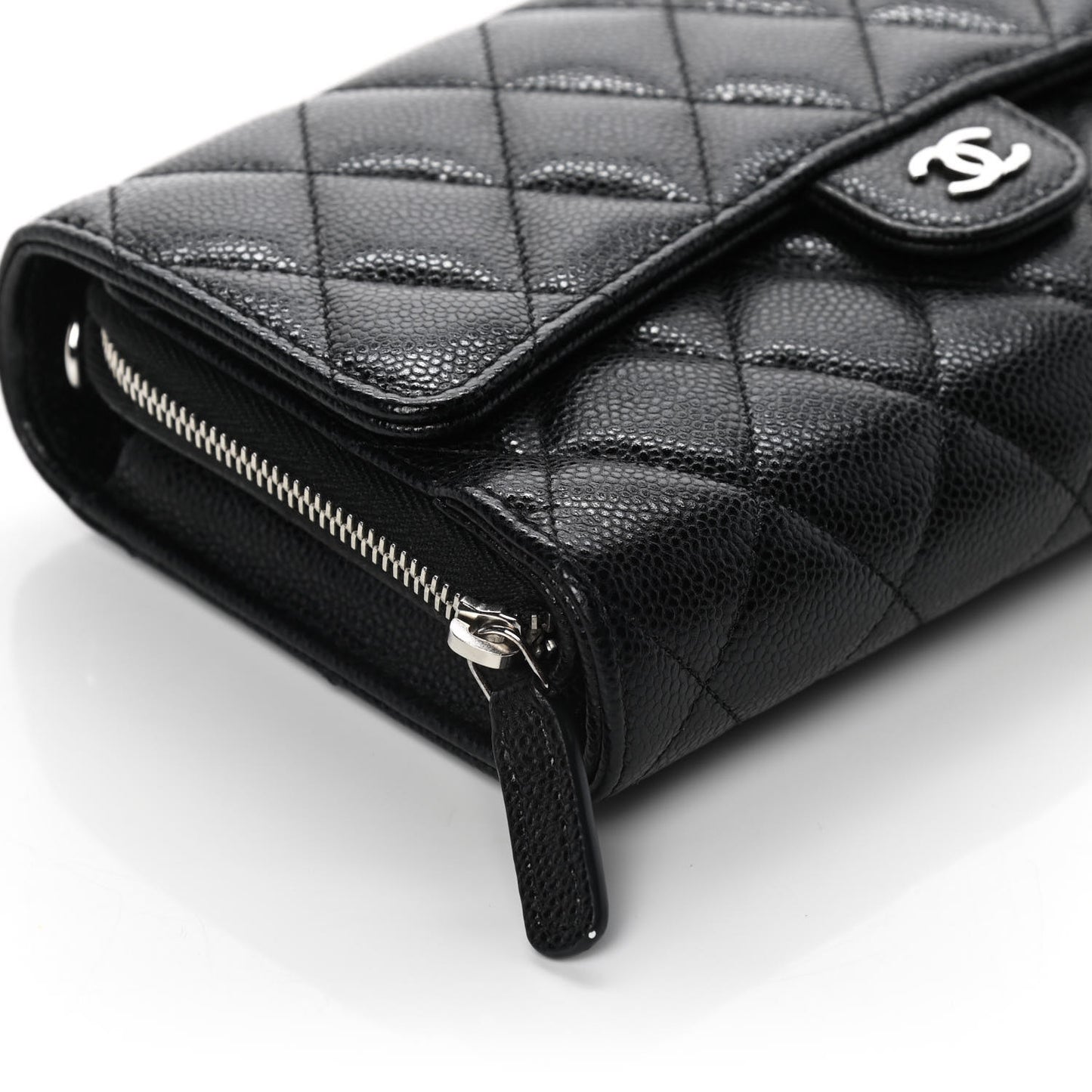 Caviar Quilted Phone Holder Wallet on Removable Chain Black