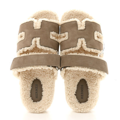 Hermes Suede Goatskin Woolskin Womens Chypre Sandals 39 Etoupe Ecru 2 of 10
